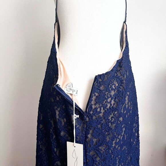 NWT JOIE NAVY GLITTER LACE SCALLOPED SLIT TRAIN EVENING GOWN - L - Picture 7 of 9